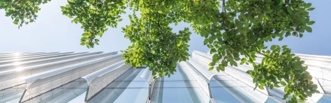 Bottom sky view of tall eco city building with greenery and trees in close view.